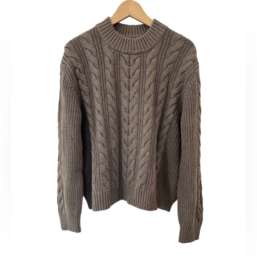 Pact women’s Cable Knit Crew Sweater XL cinder Heather taupe chunky cotton NWOT